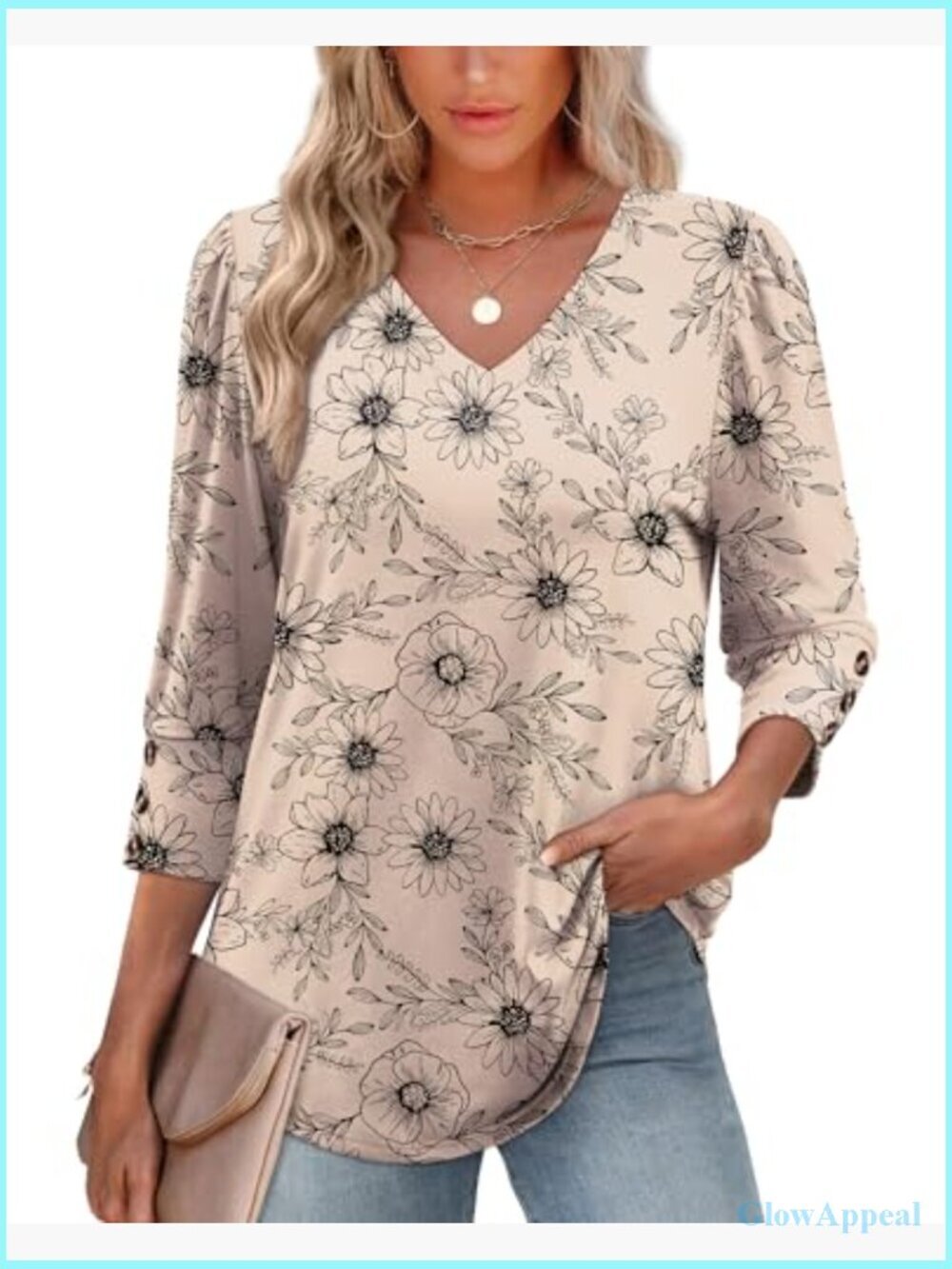 3/4 Sleeve V-Neck Blouse with Buttons - Dressy Casual Tunic Top - Picture 2 of 7